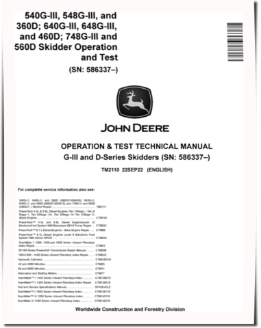 John Deere 540G-III, 640G-III Skidders, 548G-III, 648G-III, 748G-III, TimberJack 360D, 460D and 560D Grapple Skidders Operation and Test Manual (TM2110)
