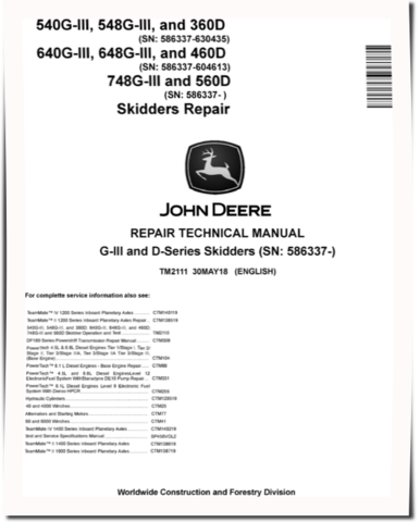 John Deere 540G-III, 640G-III Skidders, 548G-III, 648G-III, 748G-III, TimberJack 360D, 460D and 560D Grapple Skidders Repair Manual (TM2111)