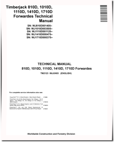 Timberjack 1010D, 1110D, 1410D, 1710D and 810D Wheeled Forwarders Technical Manual (TM2123)