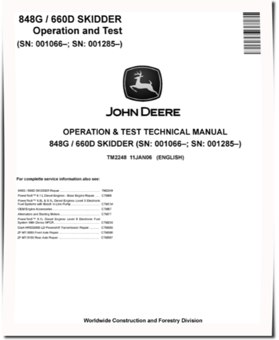 John Deere 848G, TimberJack 660D Cable and Grapple Skidders Operation and Test Manual (TM2248)
