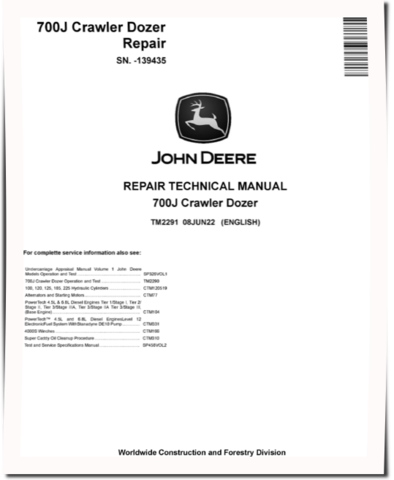 John Deere 700J (SN. before 139435) Crawler Dozers Repair Manual (TM2291)