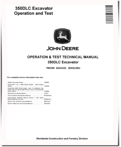 John Deere 350D LC Crawler Excavators Operation and Test Manual (TM2359)