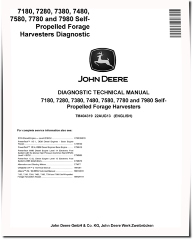 John Deere 7180, 7280, 7380, 7480, 7580, 7780, 7980 Forage Harvesters Diagnostic Service Manual (TM404319)