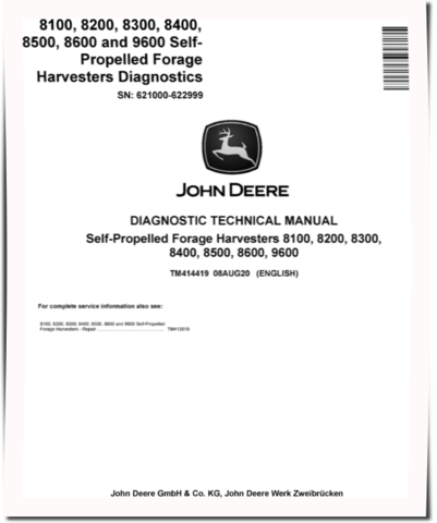 John Deere 8100, 8200, 8300, 8400, 8500, 8600 and 9600 Self-Propelled Forage Harvesters (SN: 621000-622999) Diagnostic Manual (TM414419)