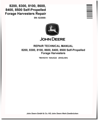 John Deere 8100, 8200, 8300, 8400, 8500 and 8600 Self-Propelled Forage Harvesters (SN. from 623000) Repair Manual (TM416319)