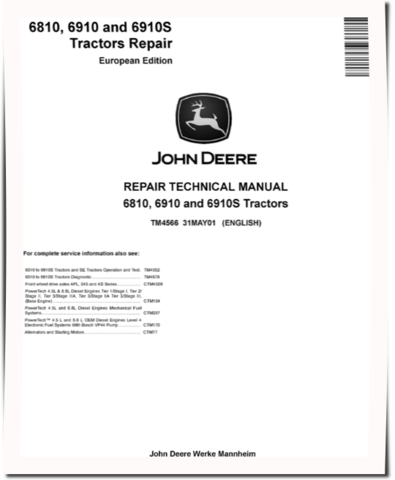 John Deere 6810, 6910 and 6910S Tractors (European Edition) Repair Manual (TM4566)