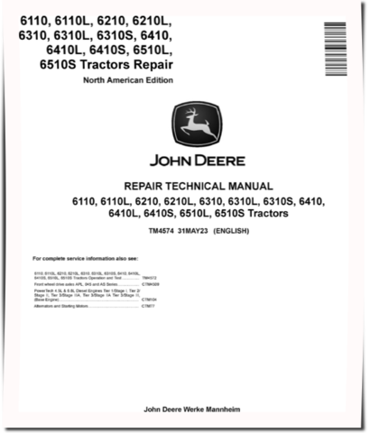 John Deere 6110(L), 6210(L), 6310(L,S), 6410(L,S), 6510L and 6510S Tractors (North American Edition) Repair Manual (TM4574)