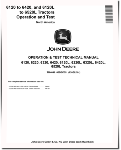 John Deere 6120, 6120L, 6220, 6220L, 6320, 6320L, 6420, 6420L and 6520L Tractors (North America) Operation and Test Manual (TM4646)