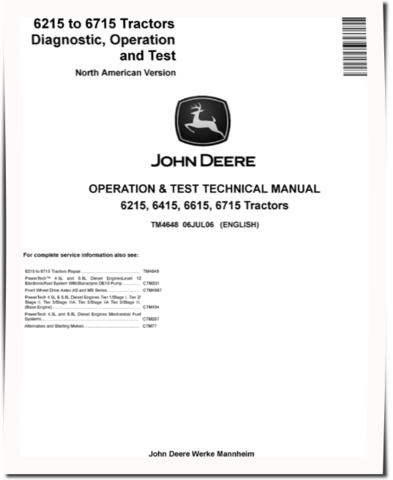 John Deere 6215, 6415, 6615 and 6715 Tractors (North American Edition) Operation and Test Manual (TM4648)