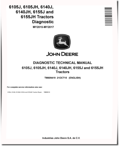 John Deere 6105J, 6105JH, 6140J, 6140JH, 6155J and 6155JH Tractors (MY15-17) Diagnostic Manual (TM609419)