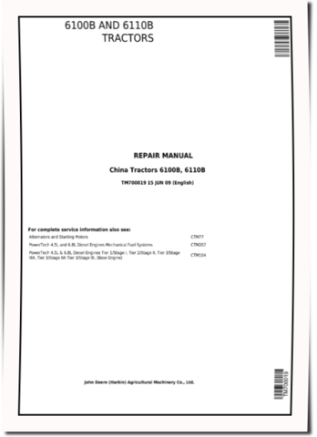 John Deere 6100B and 6110B Tractors Repair Manual (TM700019)