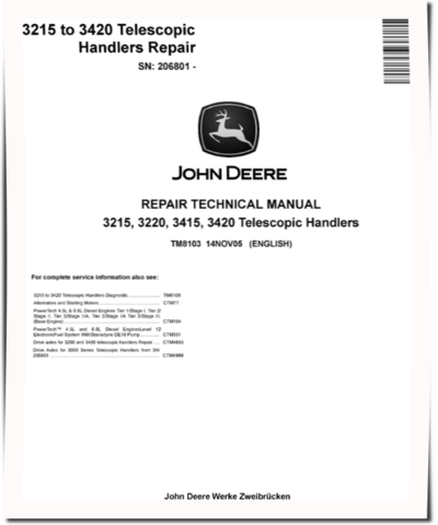 John Deere 3215, 3220, 3415 and 3420 Telescopic Handlers (SN. from 206801) Repair Manual (TM8103)