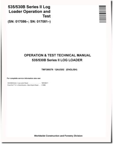 John Deere 535 and TimberJack 530B Knuckleboom Trailer Mount Log Loaders Operation and Test Manual (TMF389376)