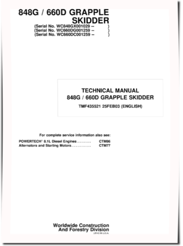 Timberjack 660D and John Deere 848G Grapple Skidders Technical Manual (TMF435521)