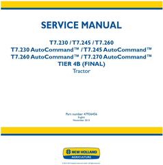 New Holland T7.230, T7.245, T7.260, T7.270 and AutoCommand Tier 4B final Tractor Service Manual