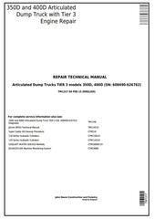 TM1317 - John Deere 350D, 400D Truck Articulated Dump 608490 - XXXXXX Repair Technical Manual