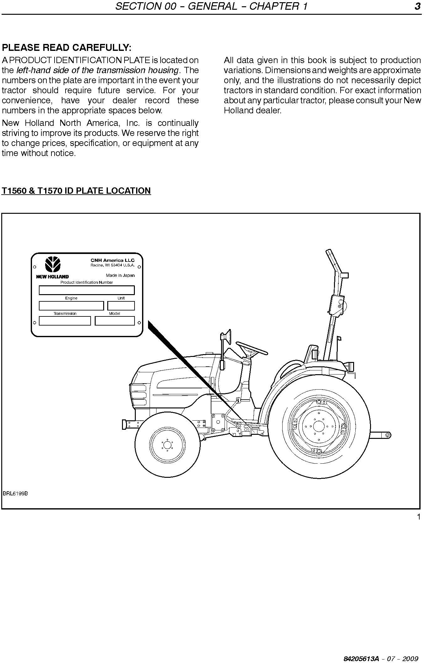 New Holland T1560, T1570 Compact Tractor Service Manual - 1