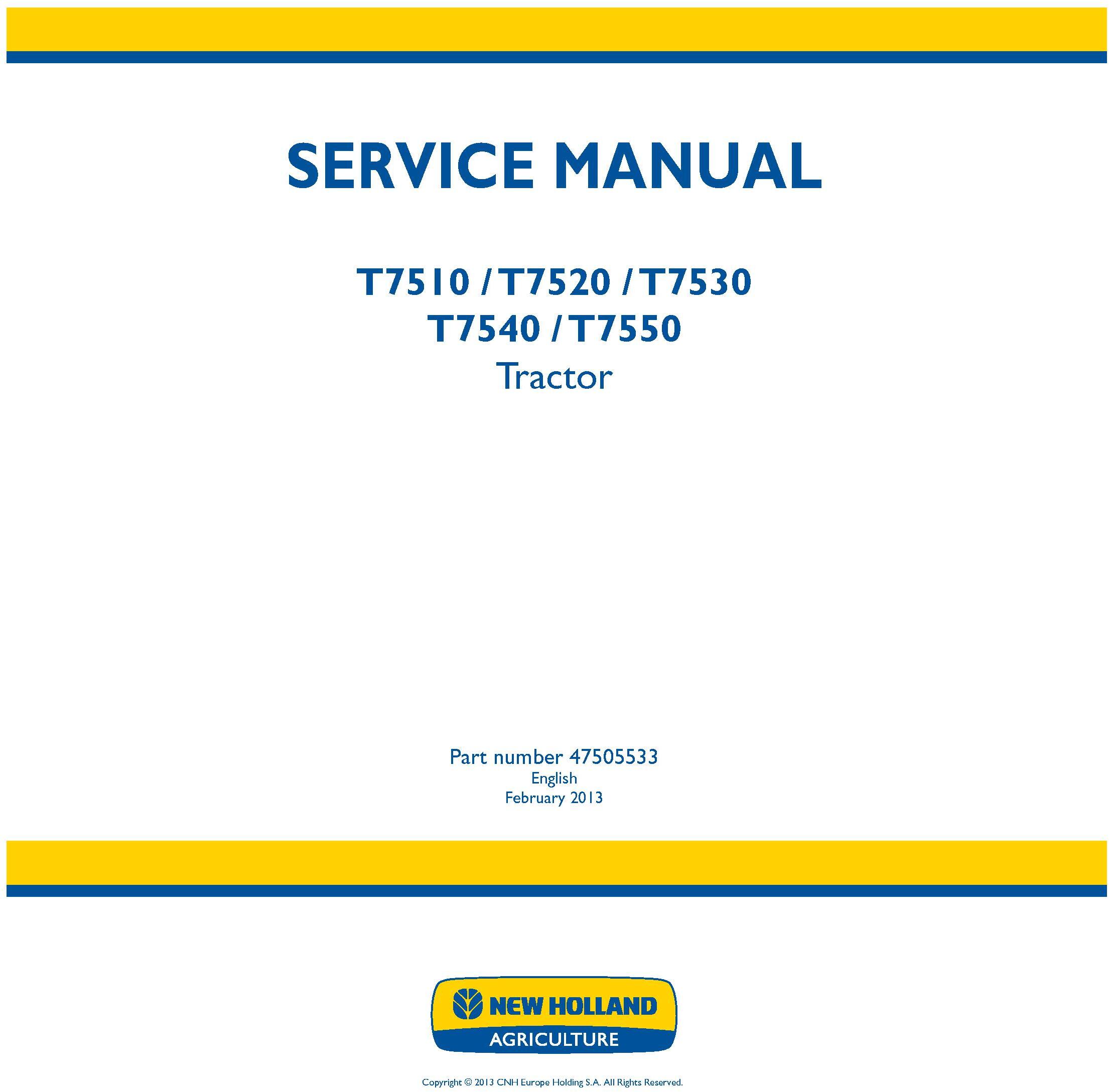 New Holland T7510, T7520, T7530, T7540, T7550 Tractor Service Manual - 19384