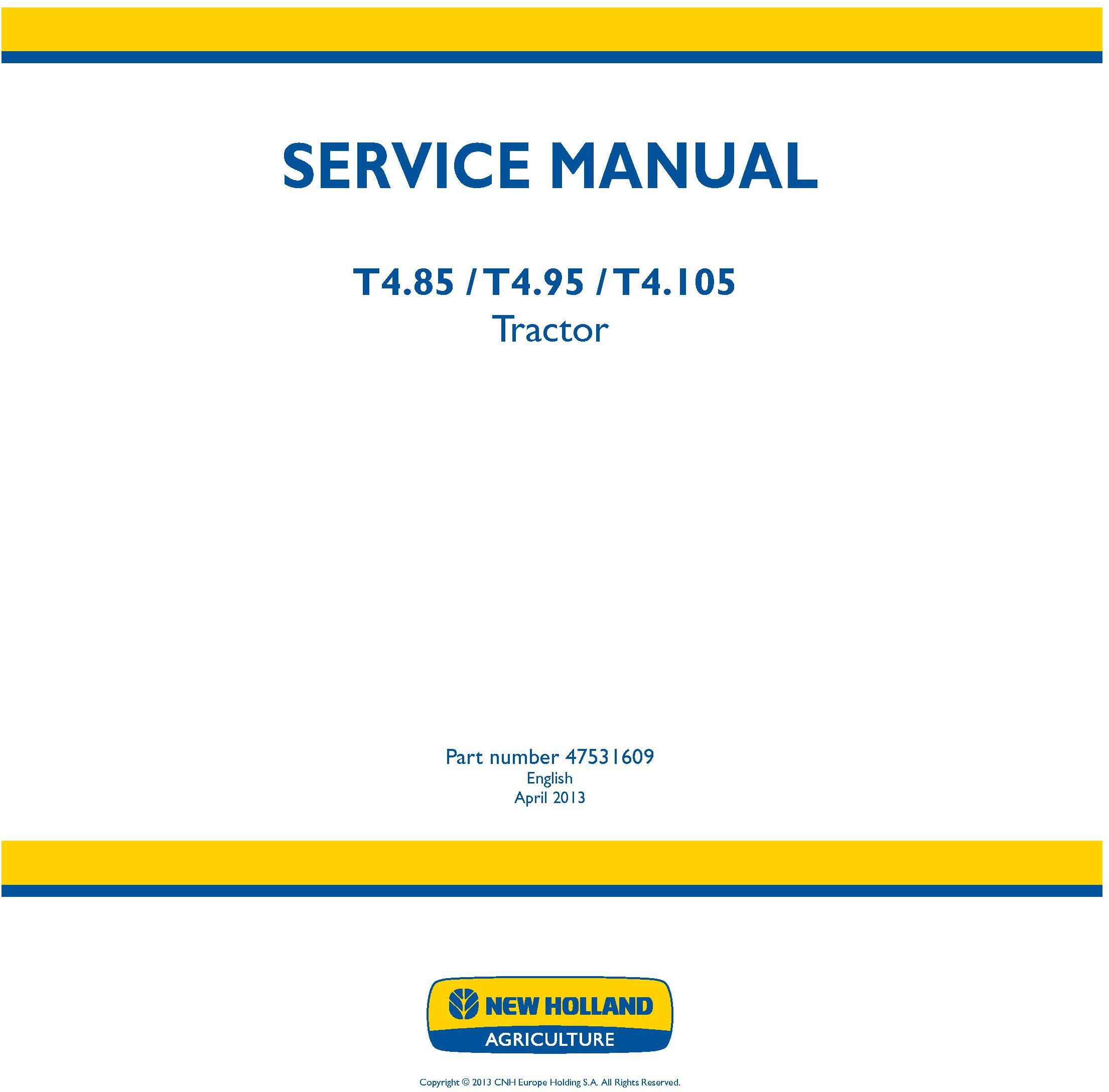 New Holland T4.85, T4.95, T4.105 Tractor Service Manual - 19387