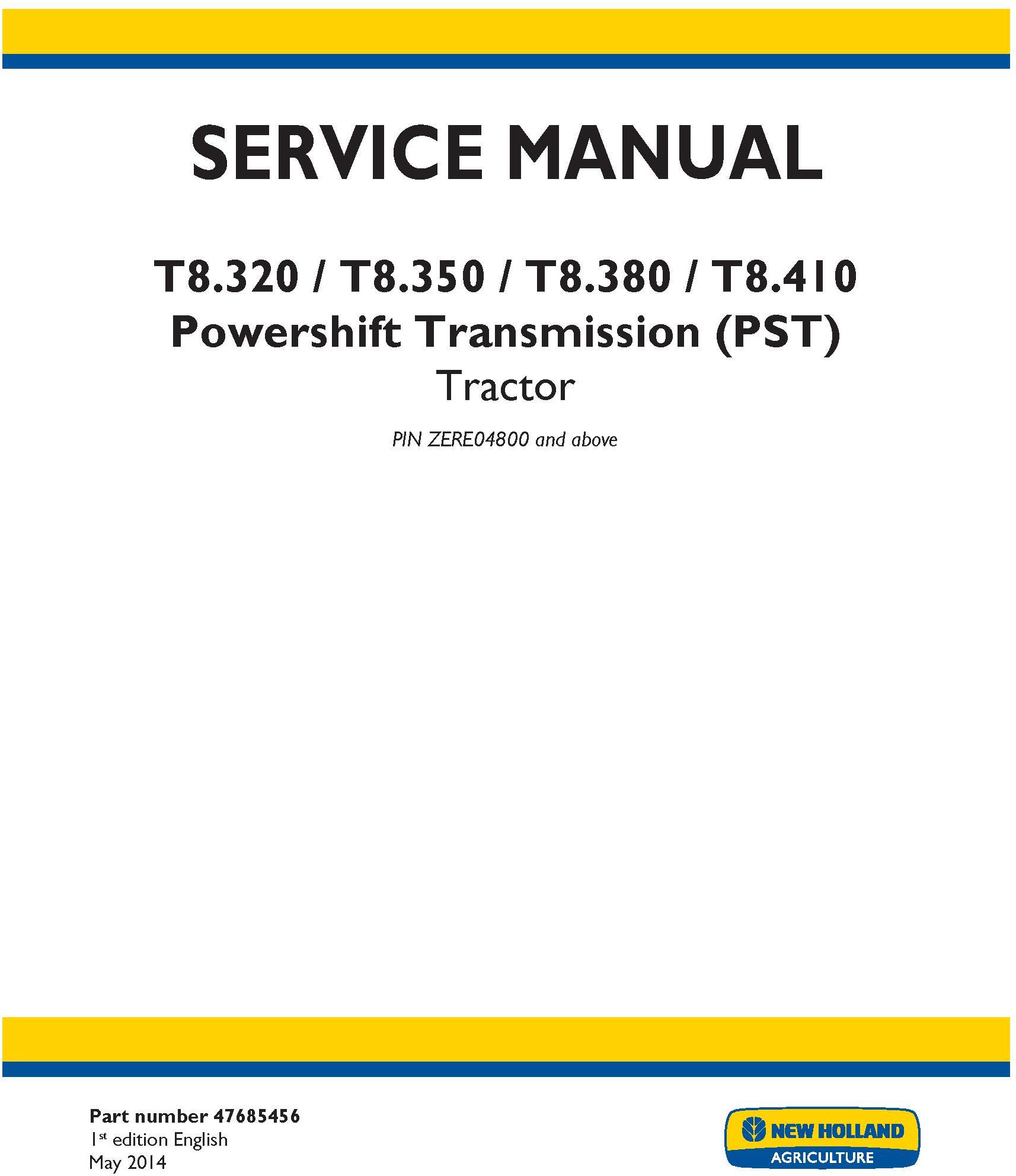 New Holland T8.320, T8.350, T8.380, T8.410, T8.435 Tractor w.PS Transmission Service Manual (USA) - 19402