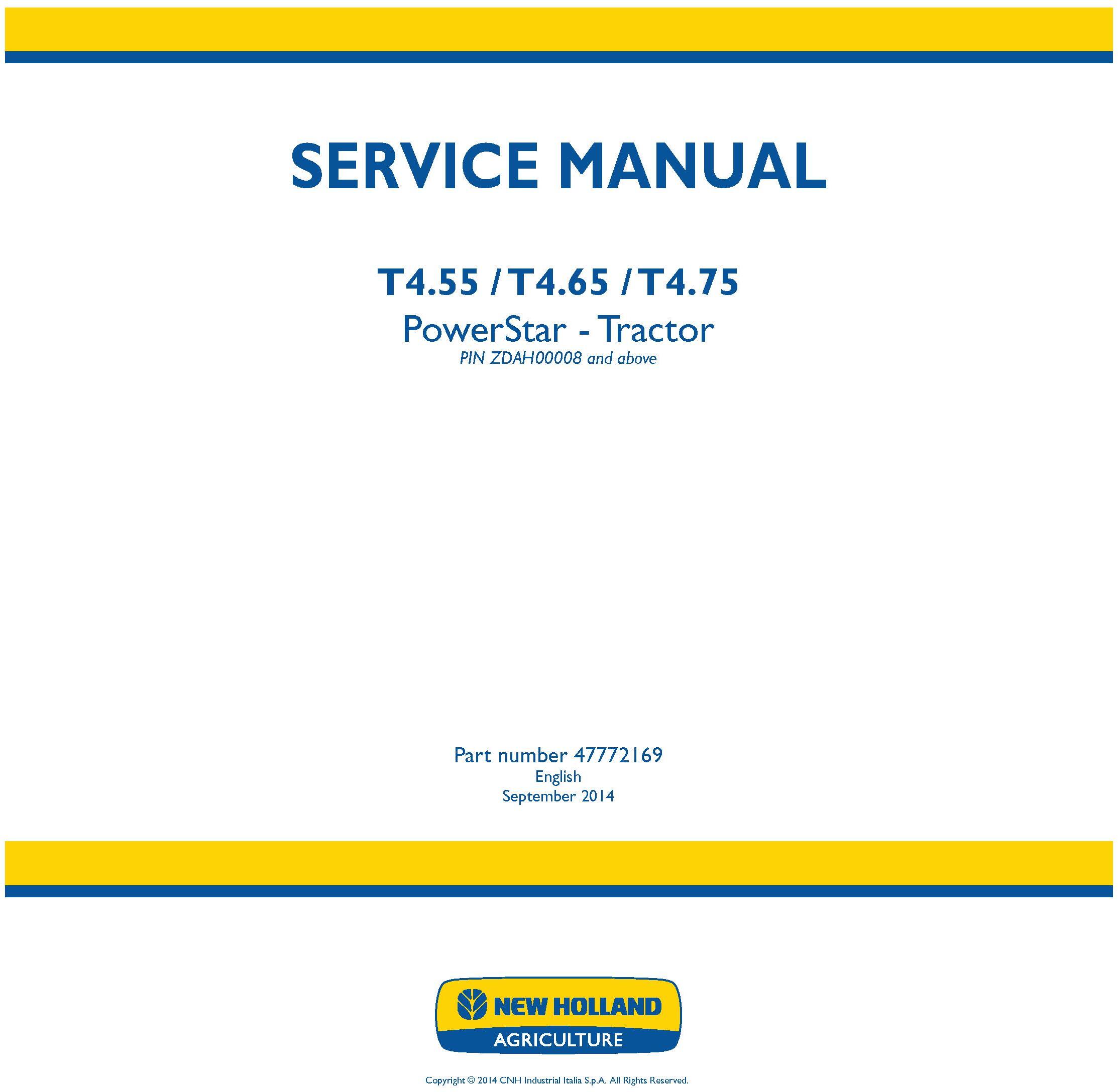 New Holland T4.55, T4.65, T4.75 PowerStar Tier4B Final Tractor Service Manual