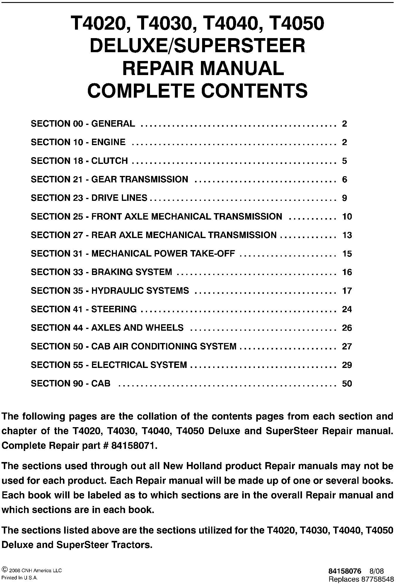 New Holland T4020, T4030, T4040, T4050 Deluxe/SuperSteer Service Manual