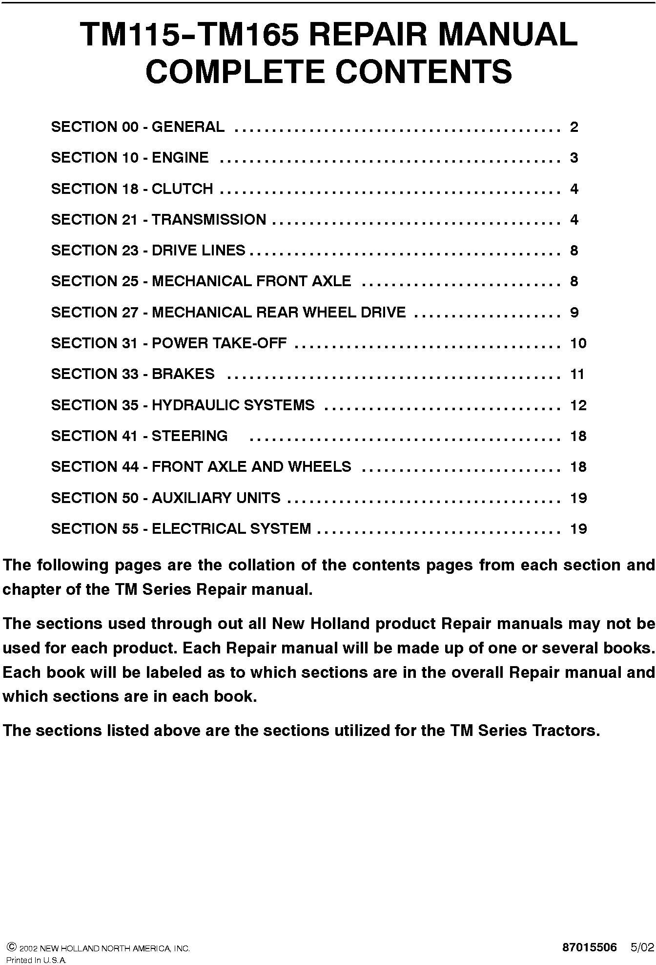 New Holland TM115, TM125, TM135, TM150, TM165 Tractor Comlete Service Manual - 19594