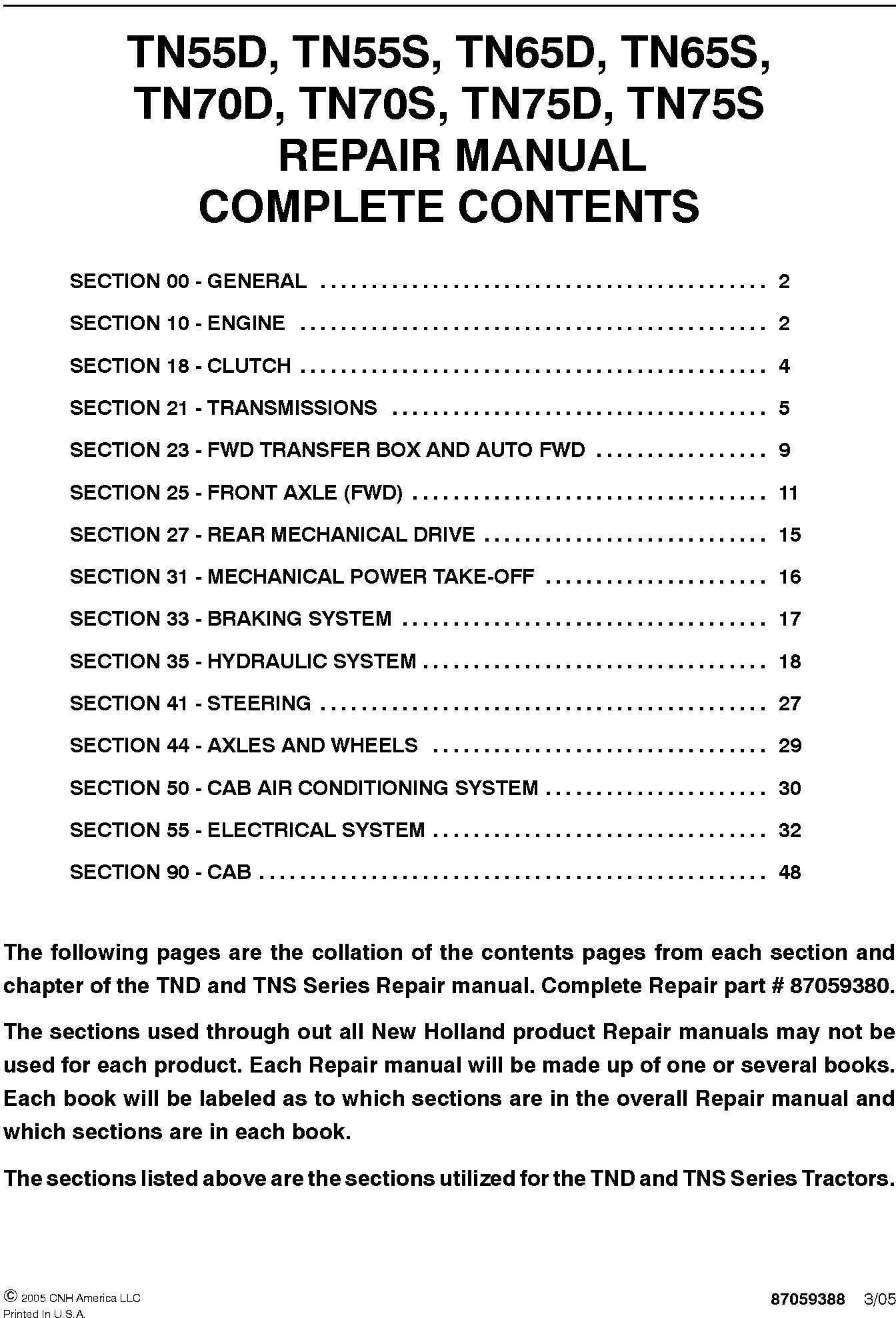New Holland TN55D, TN65D, TN70D, TN75D, TN55S, TN65S, TN70S, TN75S Tractor Service Manual
