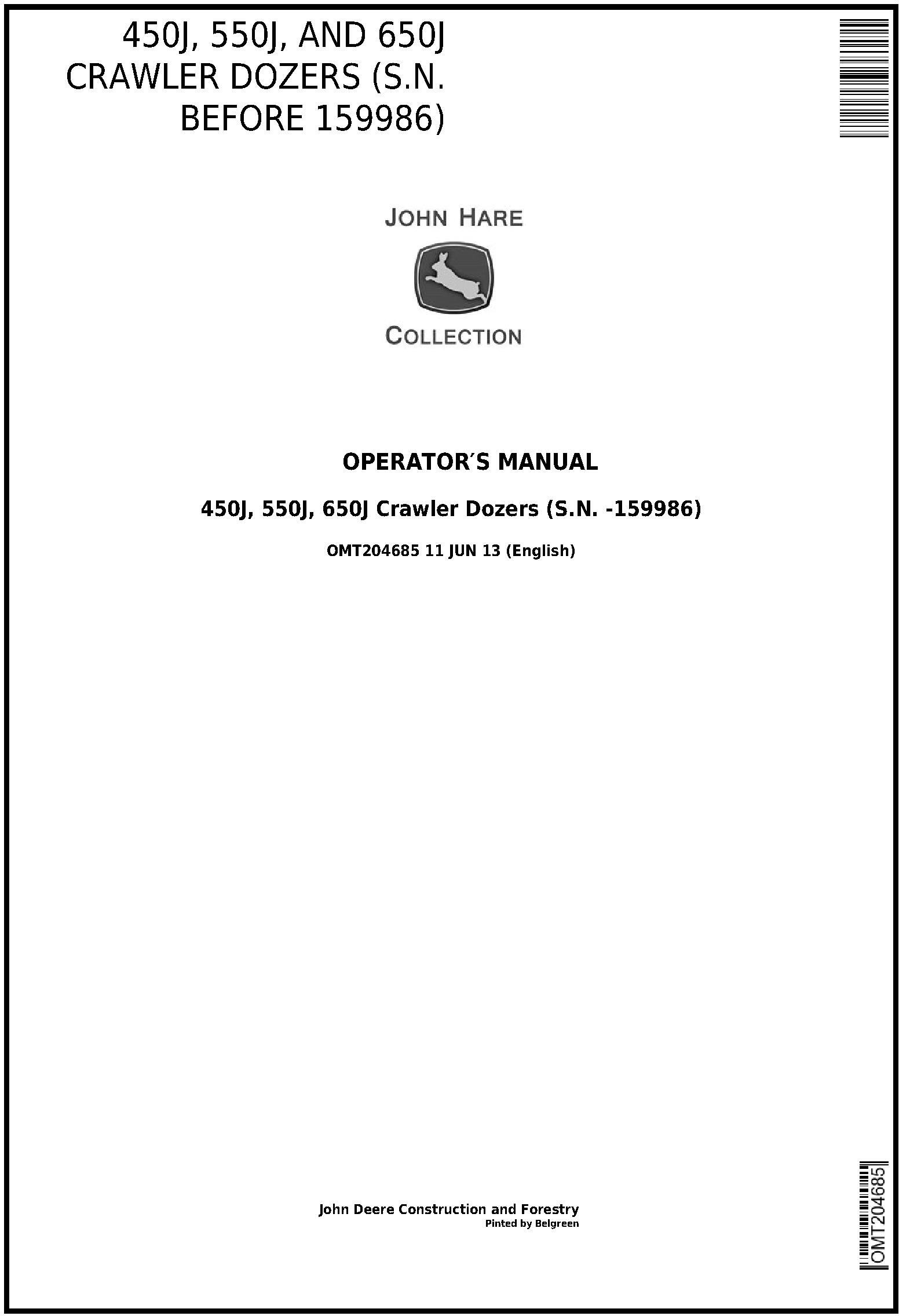OMT204685 - John Deere 450J, 550J, and 650J Crawler Dozer (S.N. before 159986) Operators Manual