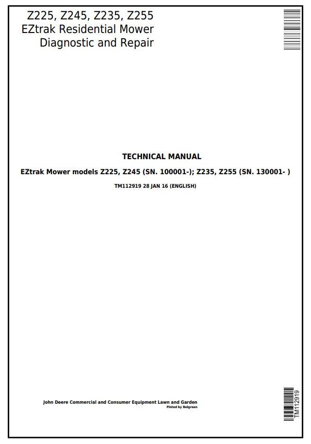 TM112919 - John Deere Z225, Z245, Z235, Z255 EZtrak Riding Lawn Residential Mower Technical Service Manual - 18253