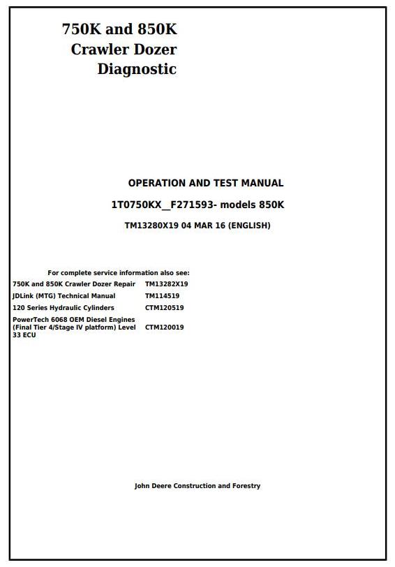 TM13280X19 - John Deere 750K and 850K Crawler Dozer Diagnostic, Operation and Test Service Manual - 17442