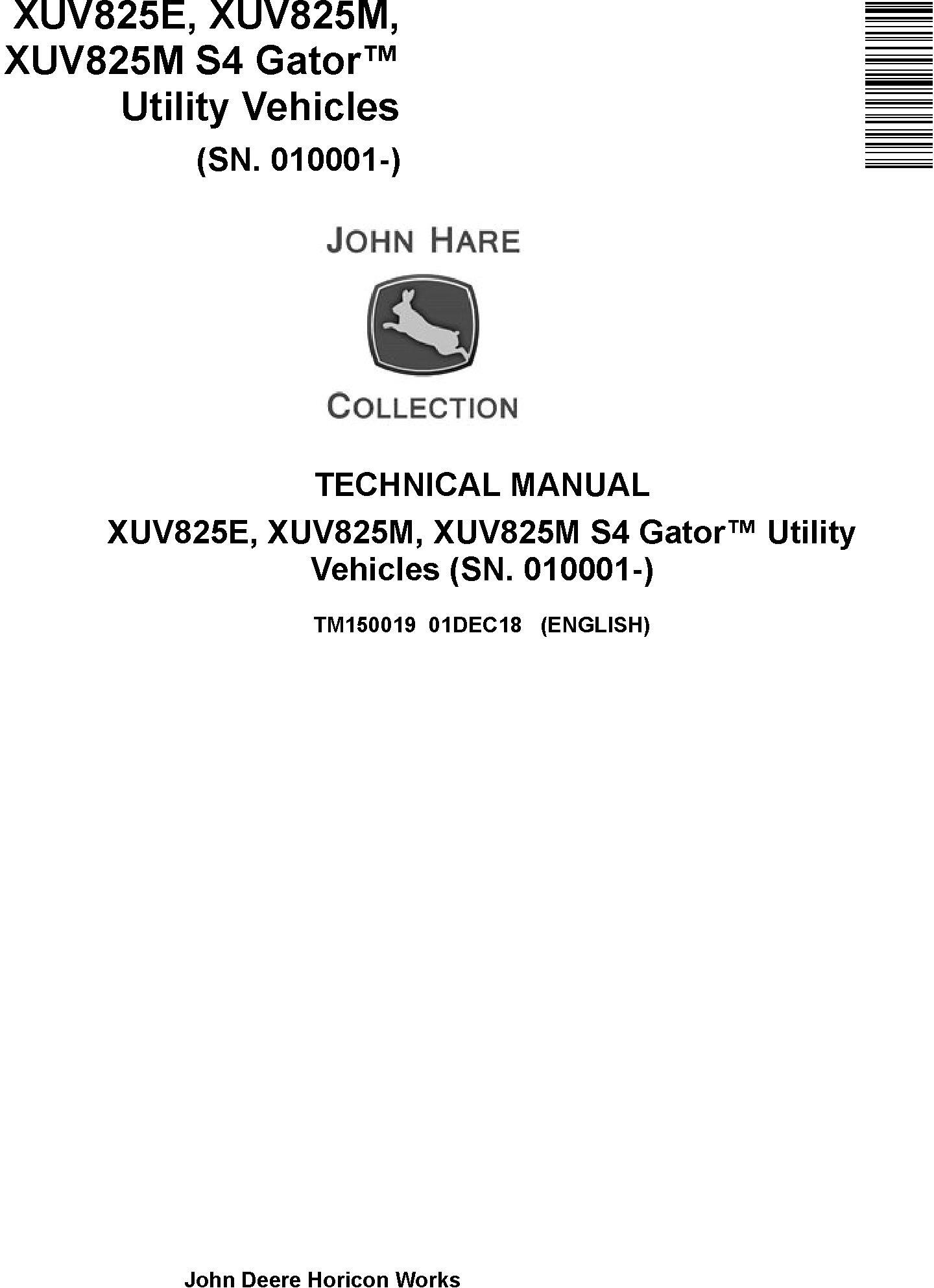 John Deere XUV825E XUV825M, XUV825M S4 Gator Utility Vehicles (SN.010001-) Technical Manual TM150019