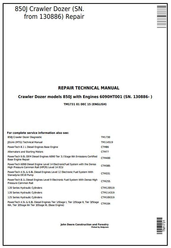 TM1731 - John Deere 850J Dozer (SN.130886-) w.Engine 6090HT001 Crawler Dozer Service Repair Manual - 17455