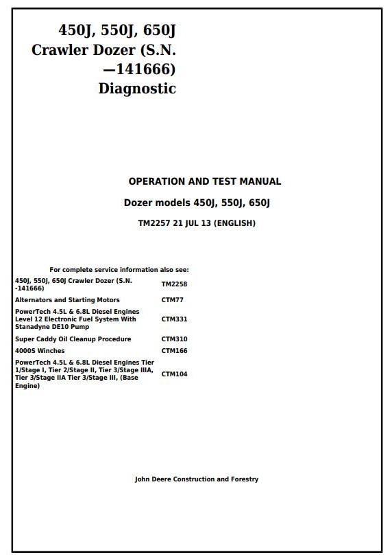 TM2257 - John Deere 450J, 550J, 650J Crawler Dozer (S.N.before 141666) Diagnostic&Test Service Manual - 17462