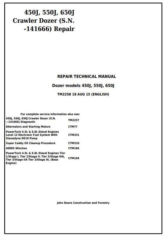 TM2258 - John Deere 450J, 550J, 650J Crawler Dozer (S.N.before 141666) Service RepairTechnical Manual - 17463