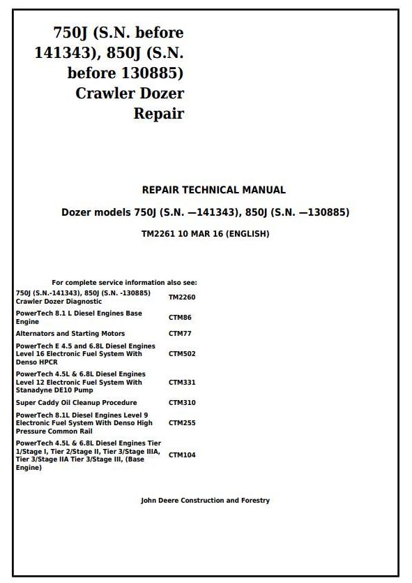TM2261 - John Deere 750J (S.N. -141343) , 850J (S.N.-130885) Crawler Dozer Service Repair Manual - 17465