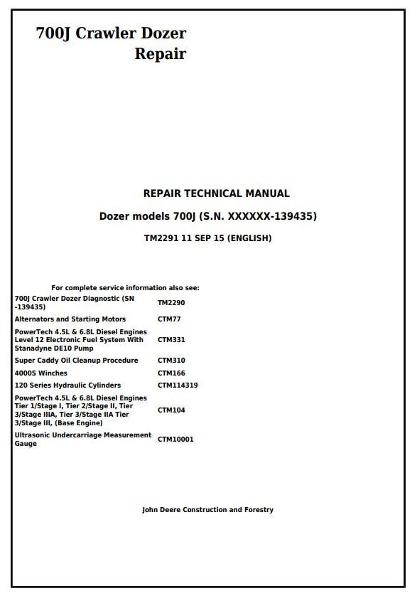 TM2291 - John Deere 700J Crawler Dozer (S.N. before 139435) Service Repair Technical Manual - 17467