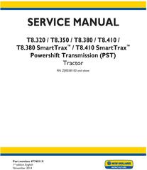 New Holland T8.320, T8.350, T8.380, T8.410 and SmartTrax Tractor w.PST Complete Service Manual (USA)