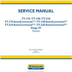 New Holland T7.175, T7.190, T7.210, T7.225 Auto Command Stage IV Tractors Service Manual (Europe)