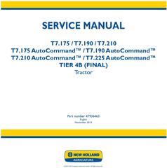 New Holland T7.175, T7.190, T7.210, T7.225 and AutoCommand Tier 4B final Tractor Service Manual