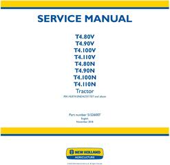 New Holland T4.80V/N, T4.90V/N, T4.100V/N, T4.110V/N Tractor Tier 4A and StageIIIB Service Manual