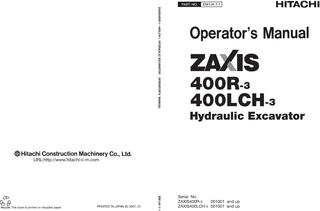 Hitachi Zaxis 400LCH-3, Zaxis 400R-3 Hydraulic Excavator Operators Manual w/Maintenance Instructions